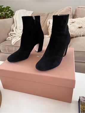 Miu Miu Black Suede Ankle Booties with Block Heel